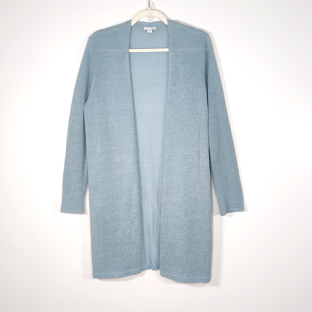 J. Jill Linen Blend Open Front Duster Cardigan Blue M Coastal Quiet Luxury